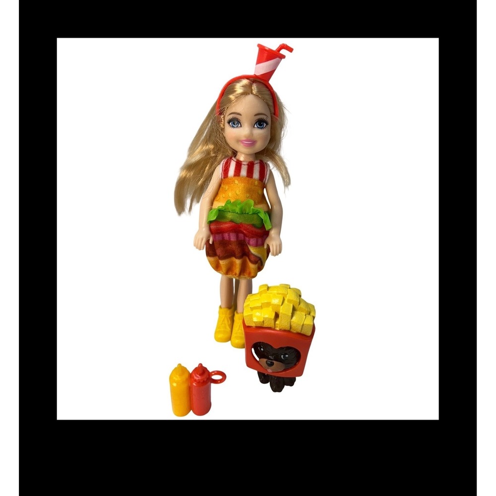 Barbie Chelsea Doll Burger Costume Blonde Hair w/ French Fry Bear & Accessories